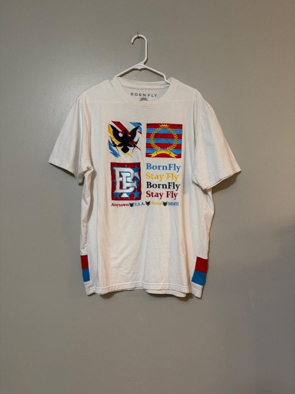 Born Fly Mens Graphic Tee 2X White‎ With Multicolor Embroidery Streetwear